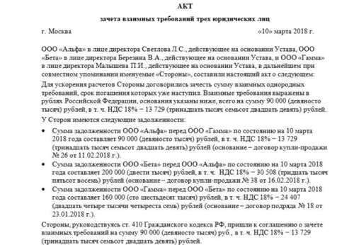 Трехсторонний акт взаимозачета между организациями